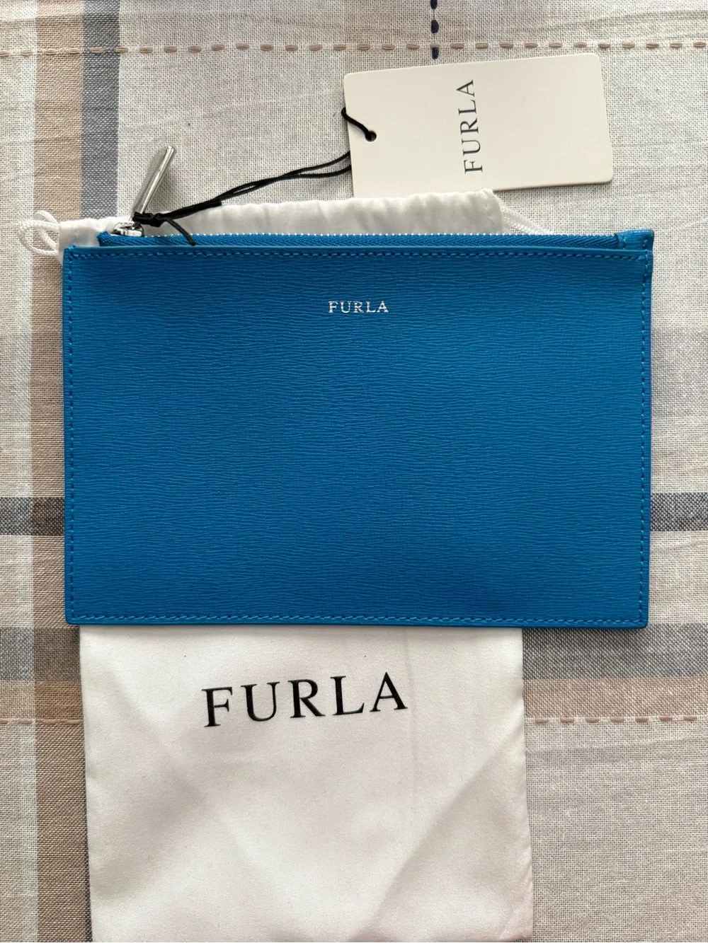 Furla Saffiano Zip Pouch in Cerulean Turquoise Blue